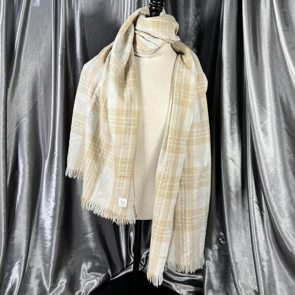 J. Crew Lambswool Plaid Scarf Preppy Beige Tan Silver Fall Winter Fringe 76"x20" - Picture 1 of 13